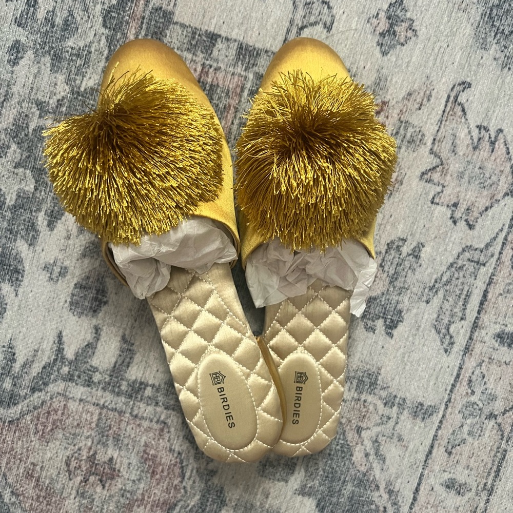 Birdies Metallic Gold Songbird Slippers with Pom Poms